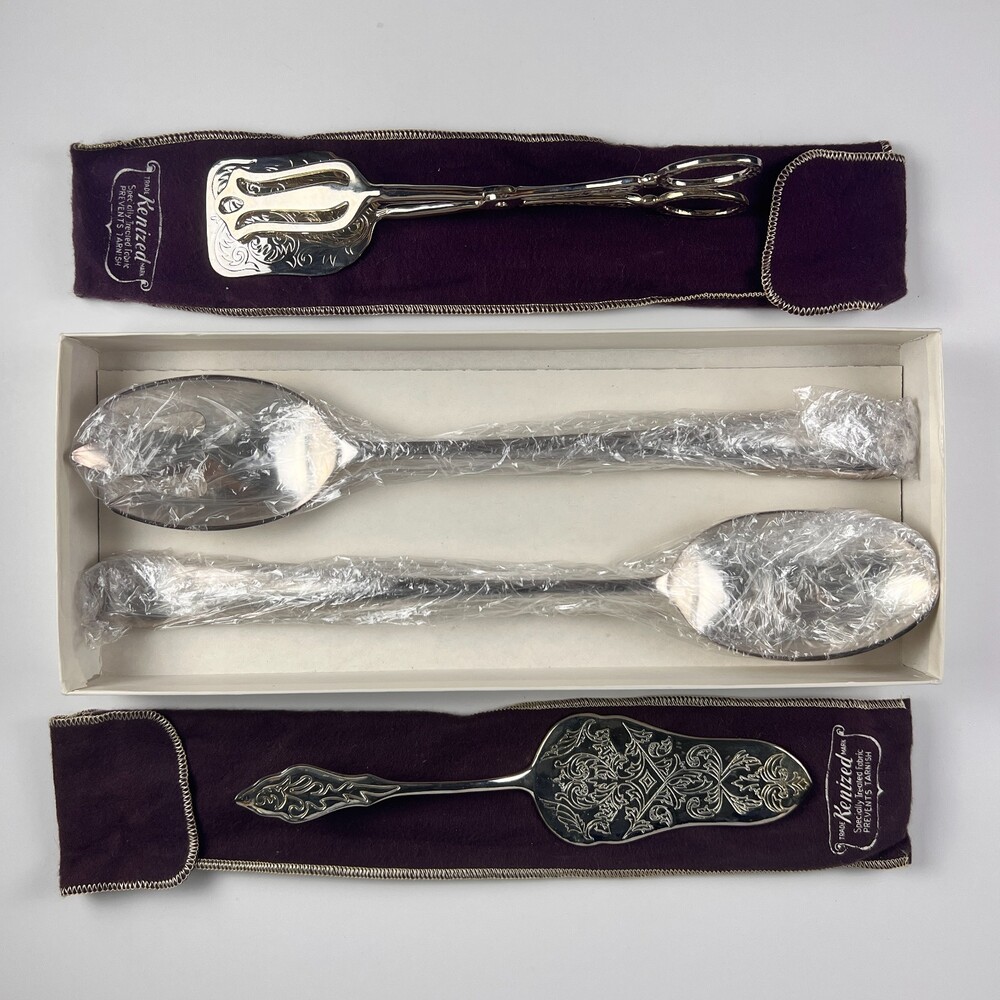 VTG Gerity Silverplate Serving Set Circa 1740 Spoon Fork Tongs Server Box & Bags